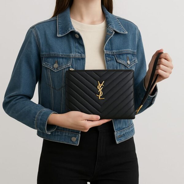 ⁦YSL Quilted Leather Clutch (Gold / Silver Logo)⁩ - الصورة ⁦2⁩