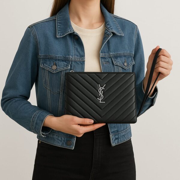 ⁦YSL Quilted Leather Clutch (Gold / Silver Logo)⁩ - الصورة ⁦5⁩
